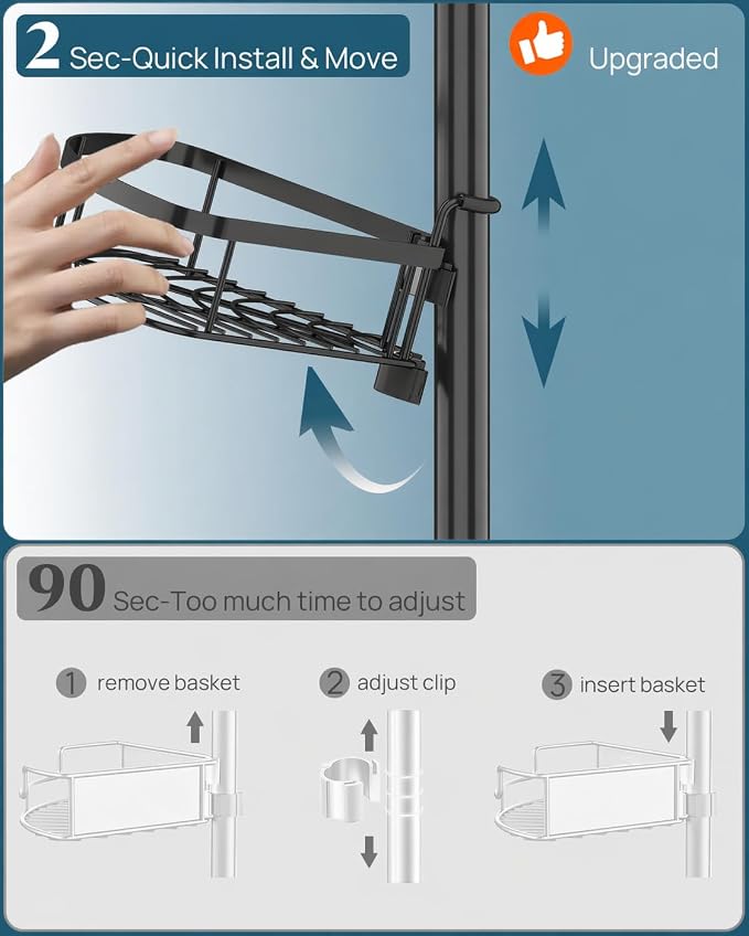 SEIRIONE Rustproof Shower Corner Caddy Organizer for Bathroom, 4-Tier Adjustable Bathroom Shelf with Tension Pole, Solid Rack Ideal for Bathtub Storage, 34 to 116 Inch Height, Black - Image 7