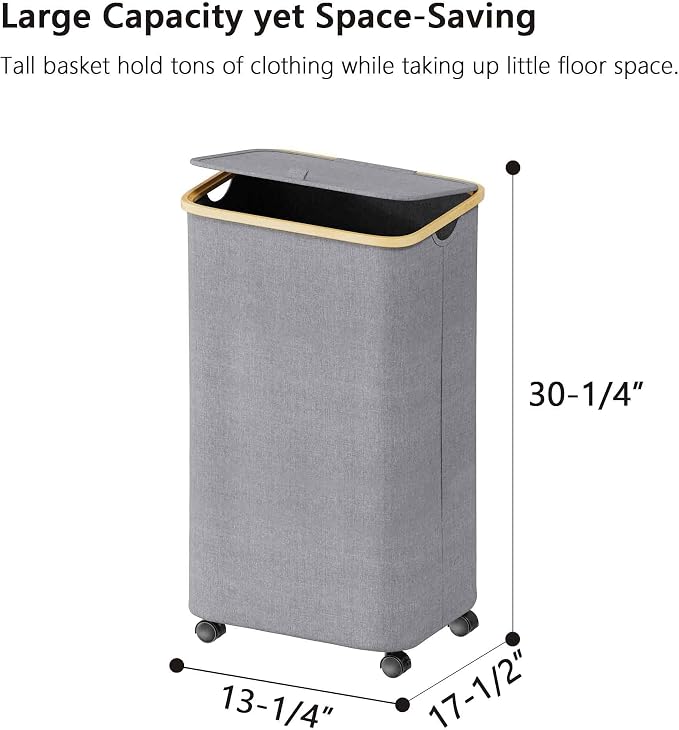 SUOCO Laundry Hamper on Wheels 100L, Clothes Basket with Lid and Bamboo Handles, Foldable Laundry Hamper for Bedroom, Bathroom, Dorm, Laundry Room - Grey - Image 6