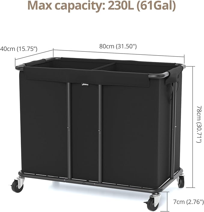 Hodonas Laundry Hamper with Wheels, 2-Section 230L (61Gal) Large Capacity, Heavy-Duty Rolling Clothes Basket with Silent Rubber Casters & Detachable Oxford Bags for Home, Black, 31.5"Lx15.75W"x30.7"H - Image 8