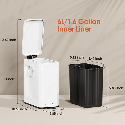 Small Bathroom Trash Can with Lid Soft Close, 6L / 1.6 Gallon Stainless Steel Small Garbage Can with Step Pedal, Slim Waste Basket for Bedroom, Toilet, Office - White - Image 6