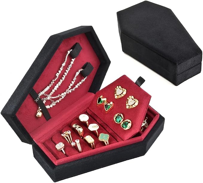 TAIMY Coffin Jewelry Box, Mini Coffin Shaped Gothic Jewelry Case, Plush Velvet Small Jewelry Organizer for Earrings Rings Necklaces Bracelets(Black-Red) - Image 7