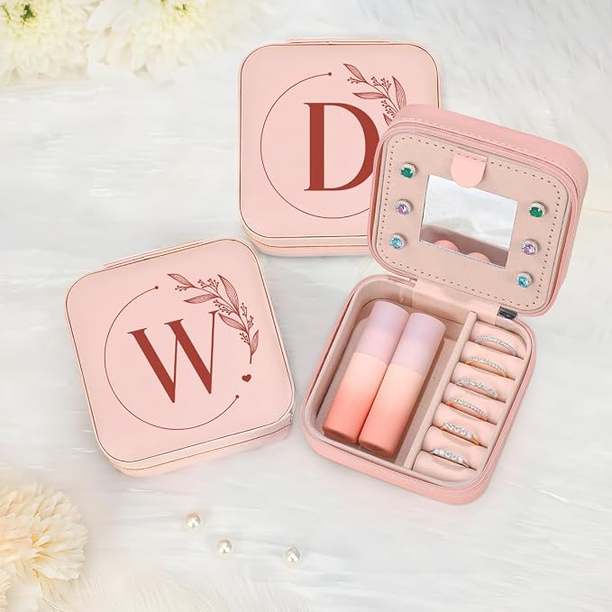 SANDJEST Personalized Jewelry Box, Pink Small Travel Jewelry Box with Initial W, Monogrammed Jewelry Case Organizer for Girls Women Teen, Mini Travel Essentials Gifts for Christmas Birthday - Image 7