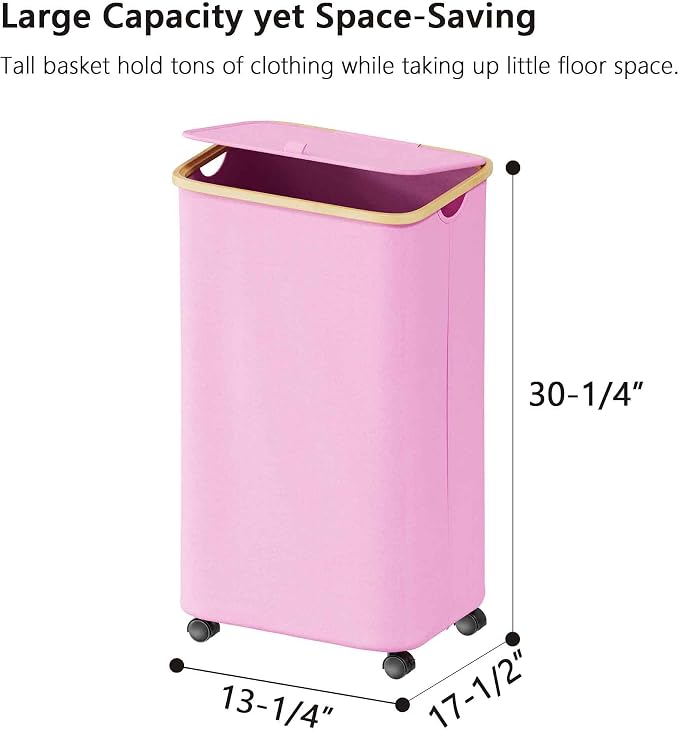 SUOCO Laundry Hamper on Wheels 100L, Clothes Basket with Lid and Bamboo Handles, Foldable Laundry Hamper for Bedroom, Bathroom, Dorm, Laundry Room - Pink - Image 6