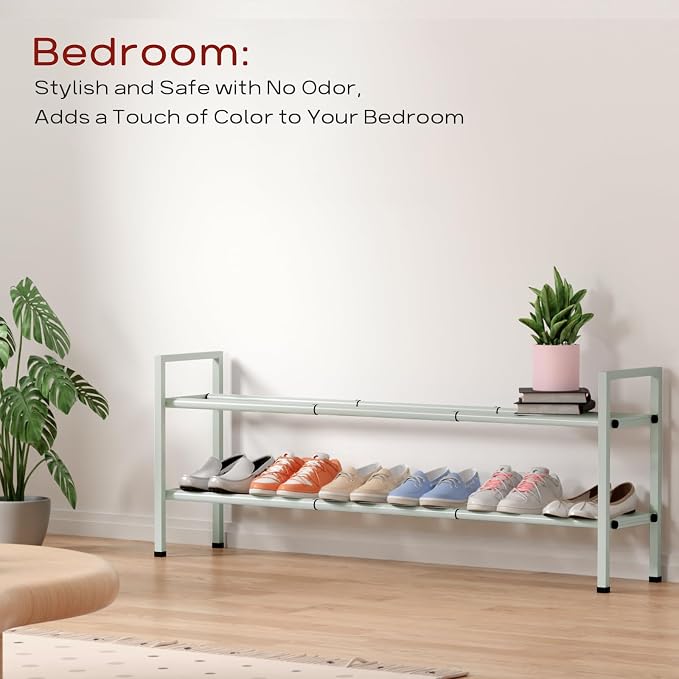Bumusty 2-Tier Long Expandable Shoe Rack for Closet, 18"-44" Adjustable Shoe Rack for Entryway, 10-12 Pairs Large Shoe Organizer Shelf Storage, Sturdy Metal, Green - Image 6