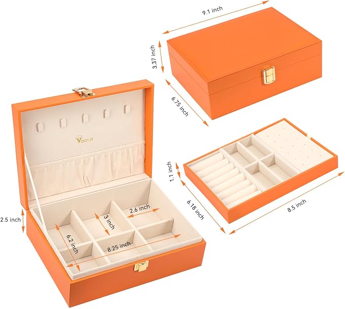 Voova Jewelry Box Organizer for Women Girls, 2 Layer Large Men Jewelry Storage Case, PU Leather Display Jewellery Holder with Removable Tray for Necklace Earrings Rings Bracelets, Vintage Gift,Orange - Image 6