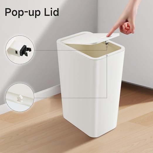 TIPGO Bathroom Trash Can with Lid, 4 Gallon / 15 Liter Small Garbage Can, Press Top Bin, Plastic Wastebasket with Pop-Up Lid for Bedroom, Living Room, Office (White) - Image 6