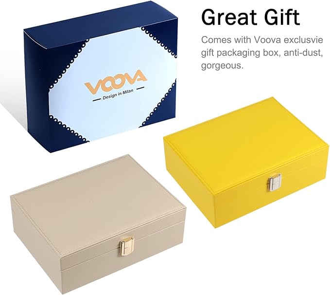 Voova Jewelry Box Organizer for Women Girls, 2 Layer Large Men Jewelry Storage Case, PU Leather Display Jewellery Holder with Removable Tray for Necklace Earrings Rings Bracelets, Vintage Gift, Yellow - Image 7