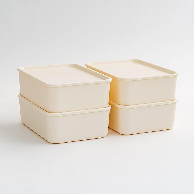 IRIS USA 15 Qt. Plastic Basket Storage Bins with Lids, Medium, 4-Pack, Stackable Lidded Storage Organizer Bins for Kitchen, Bathroom and Bedroom, Off White