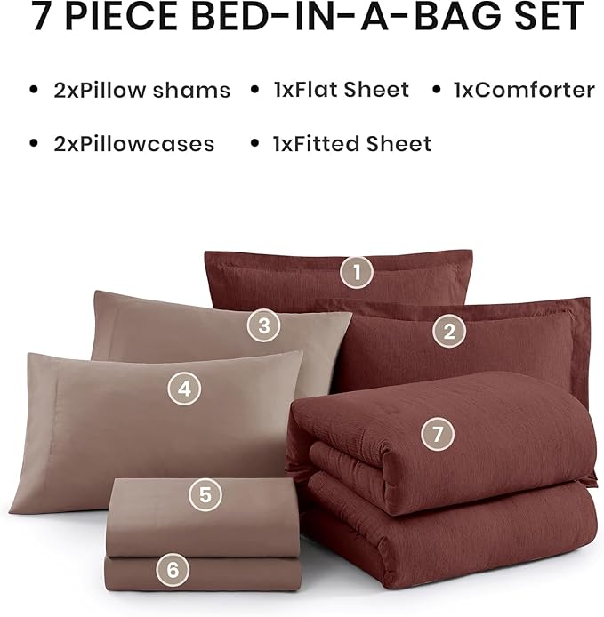 Monbix California King Comforter Set - 7 Pieces Cationic Dyeing Dark Red Bed in a Bag Cal King Bedding Sets with Comforter, Sheets, Pillowcases & Shams, Reversible Bedding Comforters Sets