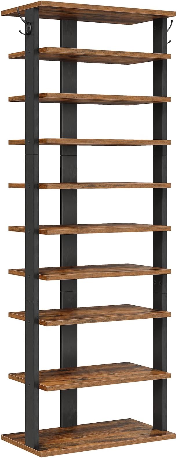HOOBRO 10 Tiers Vertical Shoe Rack, Wooden Shoe Storage Organizer with Hooks, Narrow Shoe Tower for 20 Pairs, Space Saving, for Entryway, Living Room, Bedroom, Rustic Brown FG140XJ01 - Image 9