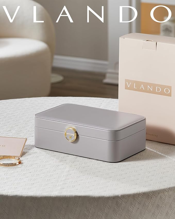 VLANDO 2 Layer Jewelry Box,Jewelry Organizer Storage Lockable Earring Organizer Removable Jewelry Tray with Watch Pillow for Neckable Ring Bracelets-Grey - Image 8