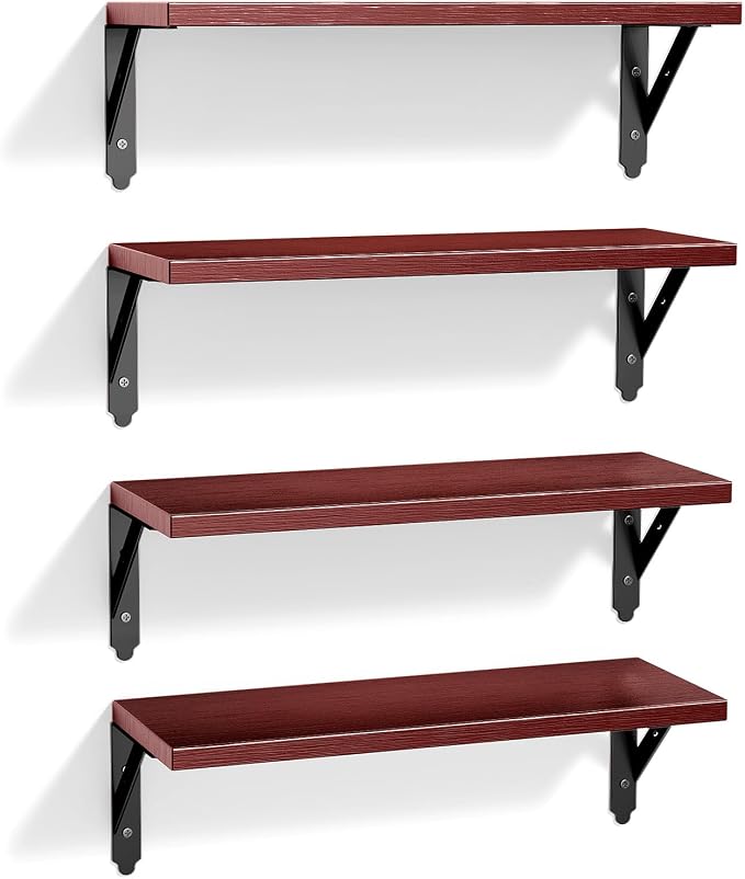 ROMGUAR CRAFT Wood Floating Shelves Set of 4, Rustic Storage Decor Wall Shelves, Wall Mounted Shelf for Living Room, Bedroom 17" x 6", Red - Image 7