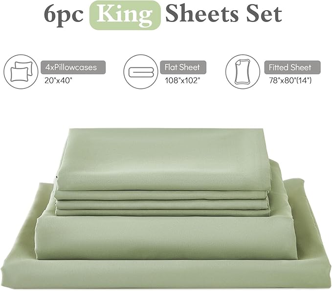 ILAVANDE Sage King Size Sheets Set 6 Piece,Super Soft 1800 Series Microfiber Bed Sheets King Set-Wrinkle & Fade Resistant-14“ Deep Pockets Sheets for King Size Bed(King,Sage Green)