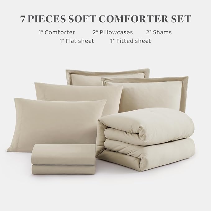 WRENSONGE Light Oatmeal Super King Comforter Set, 7 Pieces Soft Microfiber Comforters with Fitted Sheet, Flat Sheet, 2 Pillow Shams, and 2 Pillowcases- Warm Bedding Sets Super King for All Season