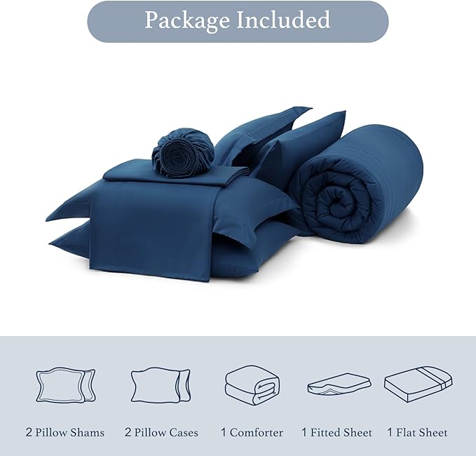 Monbix King Size Comforter Set - 7 Pieces Serenity Blue Bed in a Bag, King Size Bedding Sets with Comforters, All Seasons Comforter with Sheets,Pillowcases & Shams