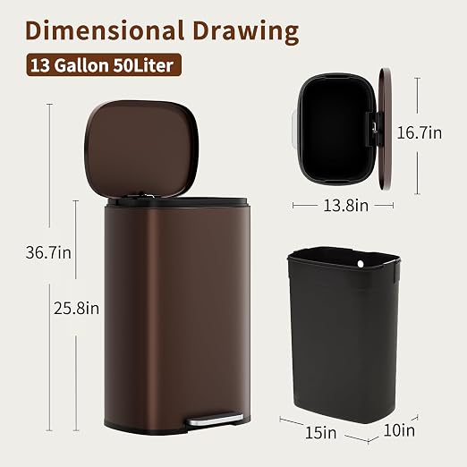 PayLessHere Stainless Steel Trash Can with Lid - Removable Inner Bucket, Foot Pedal Soft Close for Office, Home, Kitchen Garbage Bin (Brown, 13 G) - Image 7