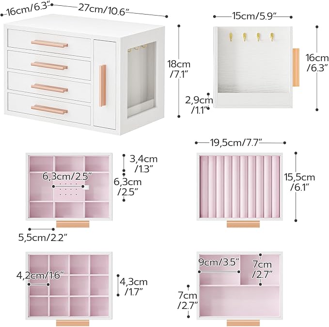 HOOBRO Jewelry Box for Women, Wooden Jewelry Organizer with Transparent Window, 4-Layer Jewelry Organizer Box, Jewelry Holder Organizer for Earrings, Necklaces, Rings, White and Gold WD09JB04 - Image 9