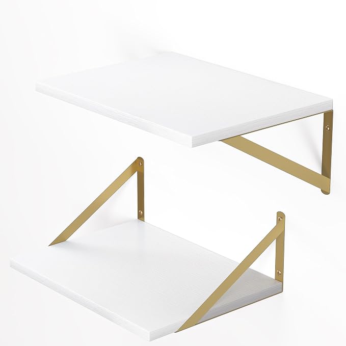 Heimlove Deep Floating Shelves for Wall, 16W x 12D Wood Wall Shelves Set of 2, Wide Floating Bookshelf for Living Room, Kitchen, Office, Bedroom and Decor Storage, with Golden Bracket - White & Gold - Image 8