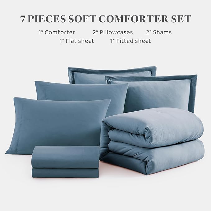 WRENSONGE King Size Comforter Set- 7 Pieces Soft Oxford Blue Bed in a Bag King with Fitted Sheet, Flat Sheet, 2 Pillow Shams, and 2 Pillowcases-Warm King Bedding Set for All Season