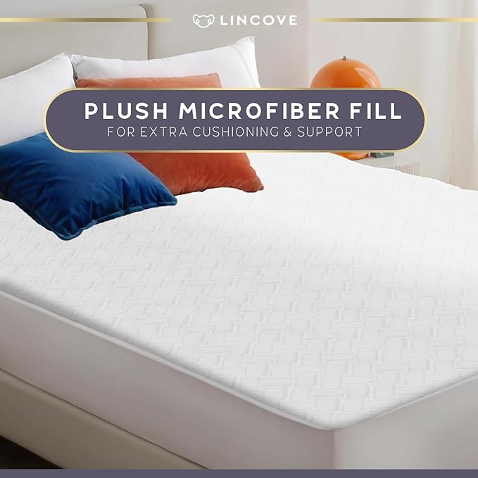 Lincove Quilted Fitted Mattress Protector, Queen – Elastic Mattress Protector – Bed Topper Covers Up to 16 Inches Deep, 100% Cotton, Breathable Braided Texture, Machine Washable & Dryer Safe