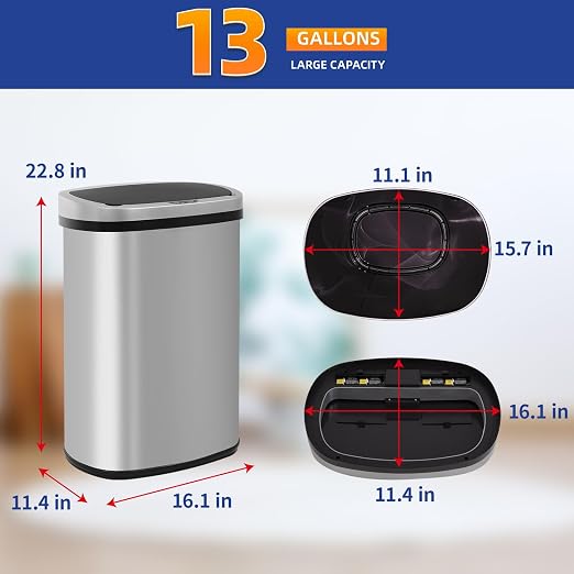 BestOffice | 13 Gallon Trash Can with Lid | Automatic Touchless Garbage Can | Odor Control | Modern Oval Design | Easy to Clean | Stainless Steel | Fits Any Kitchen, Bathroom, Office or Home - Image 7