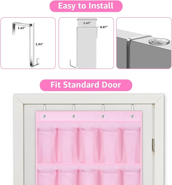 MISSLO 35 Large Pockets Over The Door Shoe Organizer Sturdy Oxford Fabric Hanging Shoe Rack for Door Mesh Closet Shoe Holder Hanger, Pink - Image 8