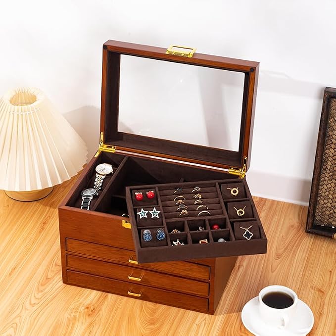 4-Layer Black Walnut Wooden Jewelry Box with Glass Lid, Soild Wood,Jewelry Organizer for Versatile Necklace, Watch, Ring Earring Storage for Women Christmas Gift - Image 7
