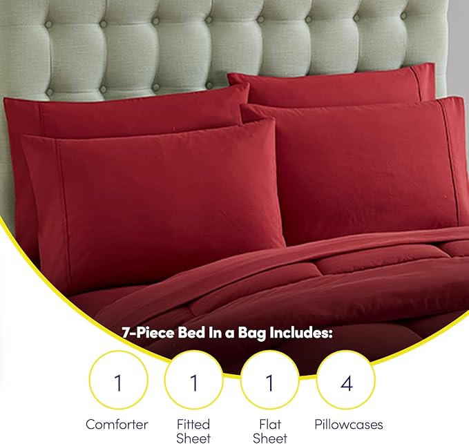 King Size Comforter Set with Sheets - 7-Piece Bedding Collection - 1 Comforter, 1 Fitted Sheet, 1 Flat, 4 Pillowcases - Deep Pocket - Soft & Breathable Premium Quality - Ideal for All Seasons, Red
