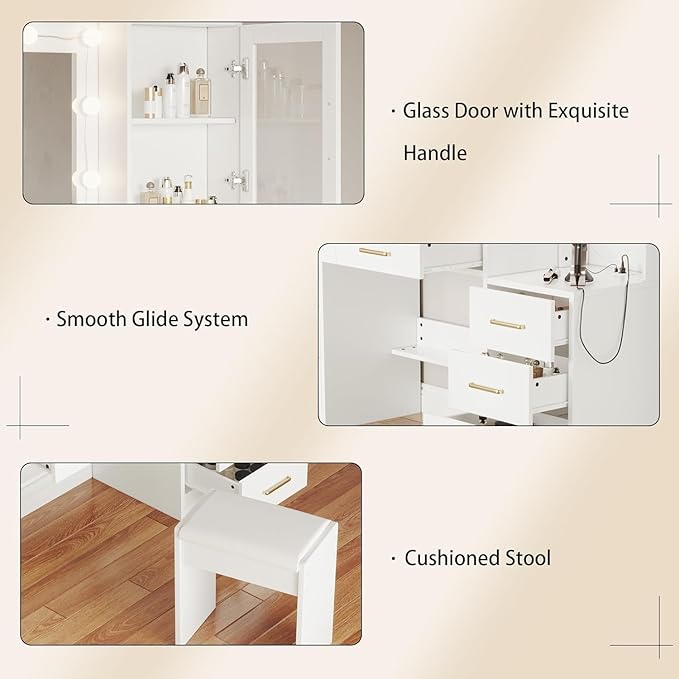 UGTOO 58.3" Large Vanity Desk with Mirror & Lights, Makeup Vanity with 10 LED Lights, 8 Metal Sliding Drawers & 2 Cabinets, White Vanity Set with Power Outlet &3 Lighting Modes Without Stool