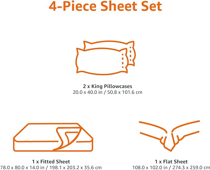 Amazon Basics 4 Piece Bed Sheet Set, 100% Cotton Jersey, Includes Super Soft, Flat and Fitted Sheets, Pillowcase, King, White, Solid