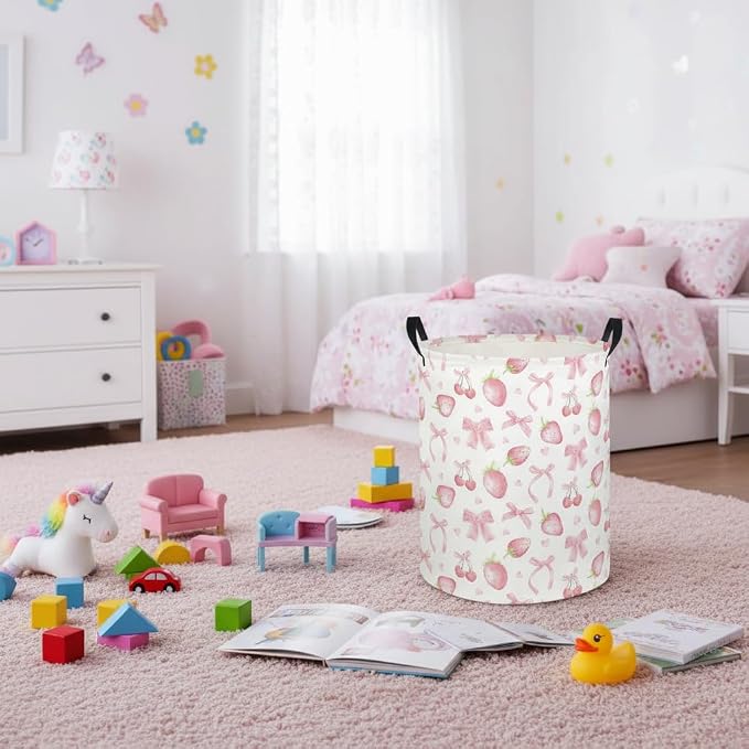 Baby Laundry Hamper kids laundry Basket Waterproof Laundry Bag for Bedroom Toy Clothes Organizer Room Décor(Bowknot strawberry) - Image 6