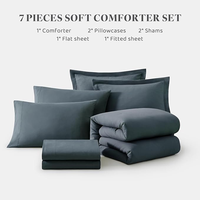 WRENSONGE Full Size Comforter Set- 7 Pieces Blue Grey Bed in a Bag Full Size Comforter with Fitted Sheet, Flat Sheet, 2 Pillow Shams, 2 Pillowcases, Warm Bedding Sets for All Season