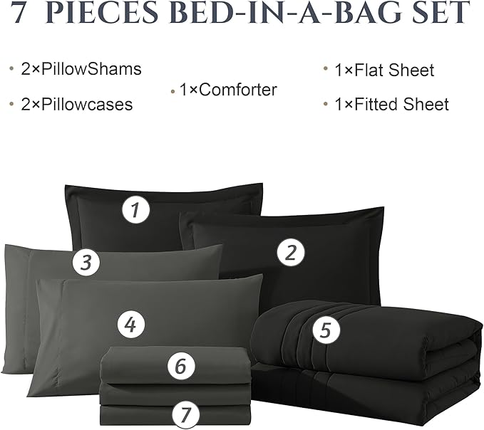 Monbix Queen Comforter Set - 7 Pieces Black Bed in a Bag Queen Bedding Sets with Comforters, All Seasons Comforter Bed Set with Sheets,Pillowcases & Shams