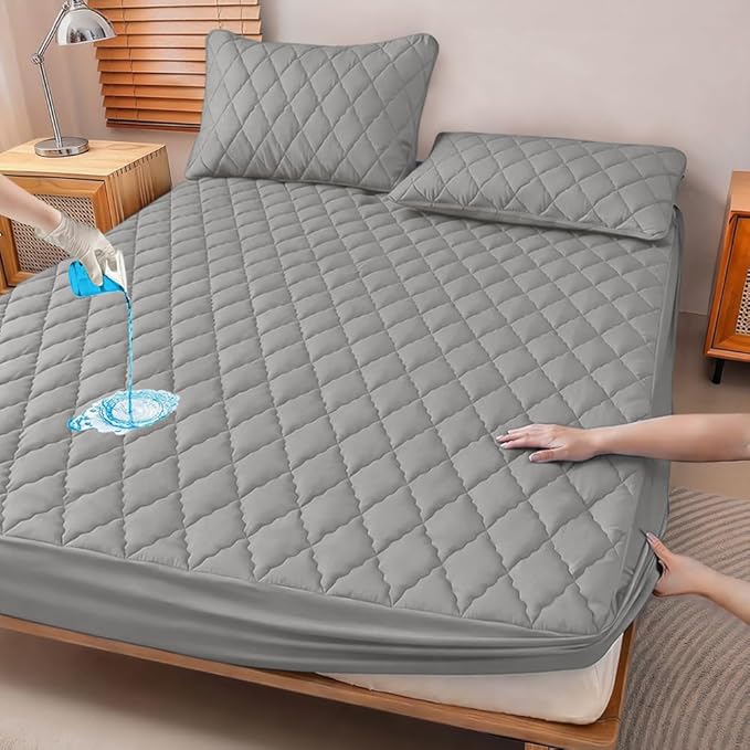 Waterproof Quilted Mattress Protector, Black, Deep Pocket 15 Inch, Soft Fabric, Machine Washable, 360° Full Coverage (Gray, Queen)