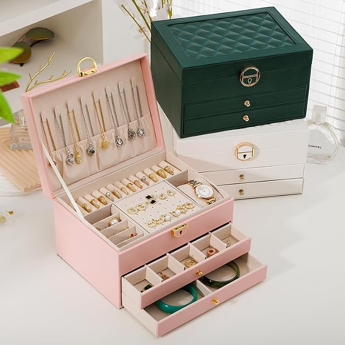 GUOER Jewelry Box for Women Girl Wife 3 Layers Large PU Leather Jewelry Organizer Storage Case with Two Layers Display for Earrings Bracelets Rings Watches PINK - Image 5