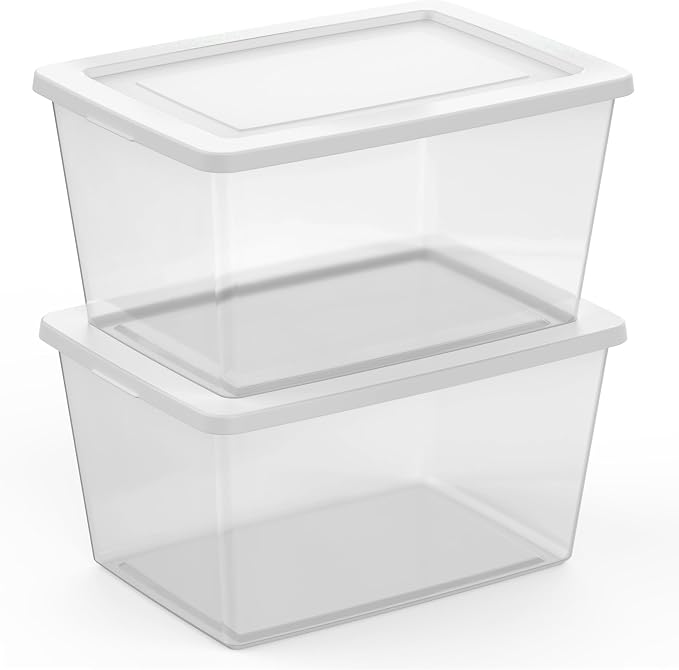 Sterilite 12 Pack Storage Boxes, Clear Plastic Stackable Containers, Lightweight Home Organizers with Snap Lids, 58 Quart, White - Image 6