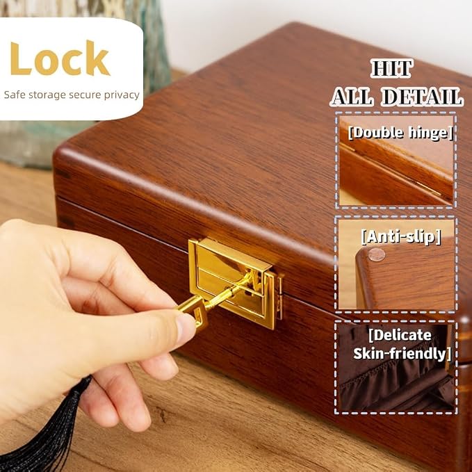 Solid Walnut Wood Jewelry Box with Lock, 2 Layer Velvet Jewelry Organizer Storage Lined for Earrings Rings Necklaces Bracelets Cufflink Gift Idea for Men Women, Vintage Brown - Image 9