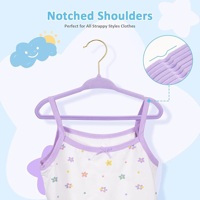 Tonswachic Baby Velvet Hangers 30 Pack - 11 Inch Premium Non Slip Kids Felt Hanger for Infant Clothes - Ultra Thin Baby Felt Hangers for Toddler Children's Closet with 10 Hanger Clips - Purple - Image 7