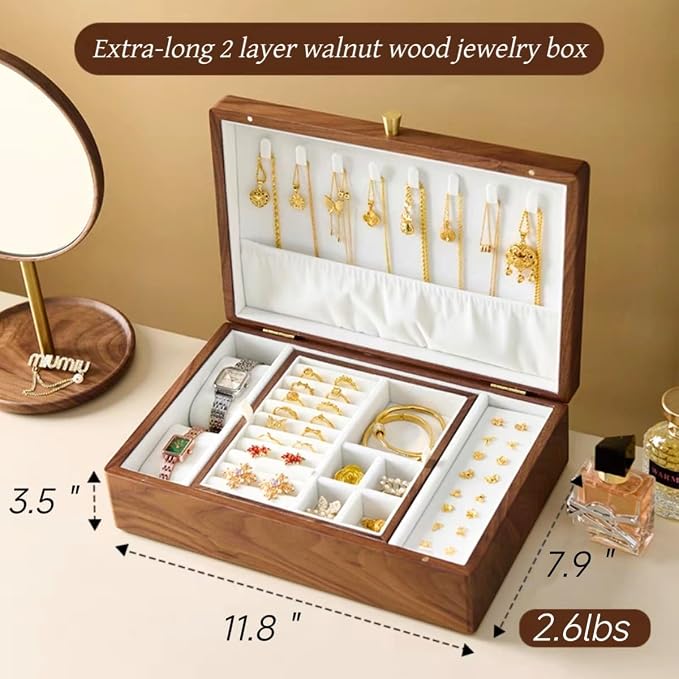 Bescott 2 Layer Solid Black Walnut Wooden Jewelry Box for Women Wood Vintage Organizer for Men Earrings Rings Necklaces Bracelet Watch Storage - Image 6