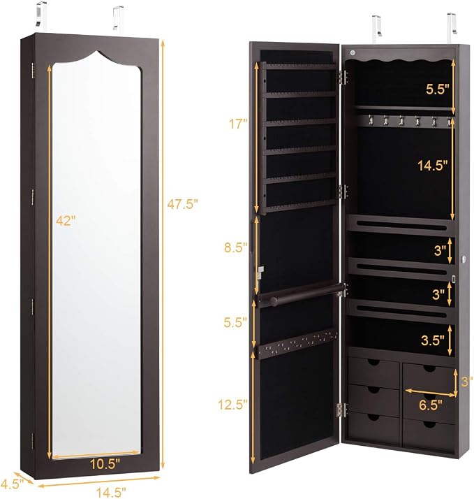 Giantex Wall Door Mounted Jewelry Cabinet with Full Length Mirror, Lockable Over Door Jewelry Armoire with LED Lights, 47.5" Large Jewelry Storage Organizer with 6 Drawers, Espresso - Image 6