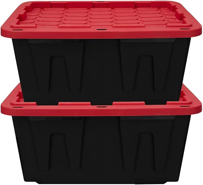 27 Gal Industrial Tote,2 Pack Plastic Storage Bins with Lids Tough Large Storage Bin,Black with Red Lid Plastic Storage,Stackable & Nestable for Garage, Basement, or Outdoor (2 Pack) - Image 9