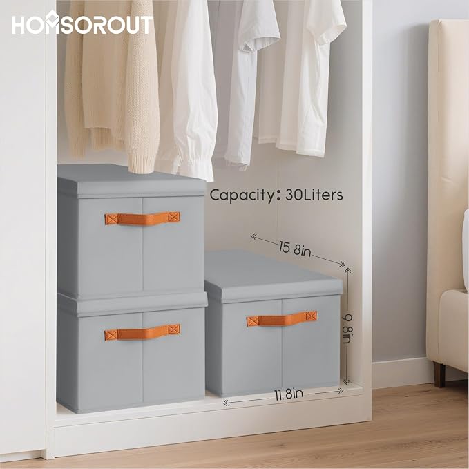 Homsorout Storage Bins with Lids - Large Fabric Closet Bins with Lid, 5 Pack Clothes Organizers and Storage, Collapsible Stackable Cube Basket for Home, Office, Dorm, Grey - Image 7