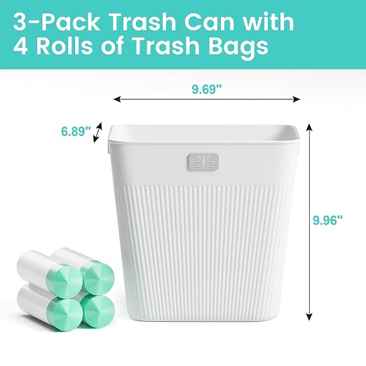 JOYMOOP Slim Trash Can 3-Pack, 2.9 Gallon Plastic Wastebasket for Bathroom, Bedroom, Office, Kitchen with 4 Rolls Bags, White - Image 9