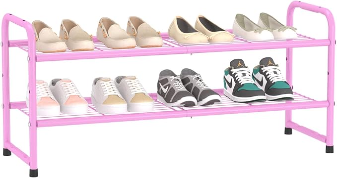 SUFAUY 2 Tier 33" Wide Shoe Rack, Closet Metal Wire, Stackable, Pink - Image 9