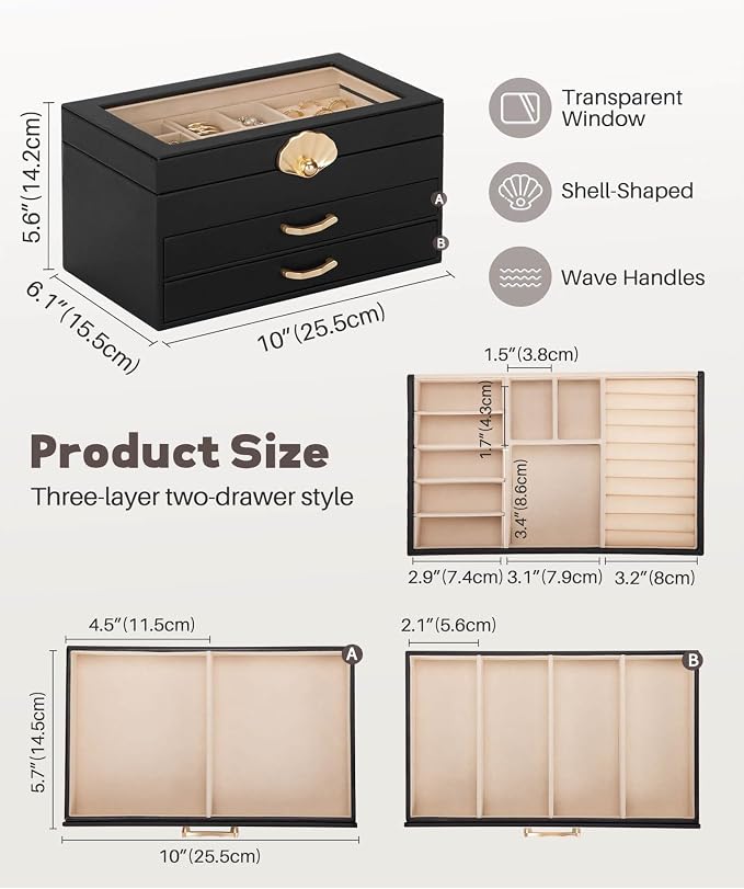 Enthralite Jewelry Box with 2 Drawers : Jewelry Display Organizer for Earrings Necklaces - Gift for Girls Women | Black - Image 9