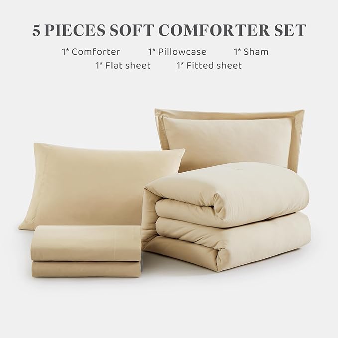 WRENSONGE Twin Comforter Set- 5 Pieces Beige, All Season Twin XL Bedding Sets with 1 Fitted Sheet, 1 Flat Sheet, 1 Pillow Sham and 1 Pillowcase