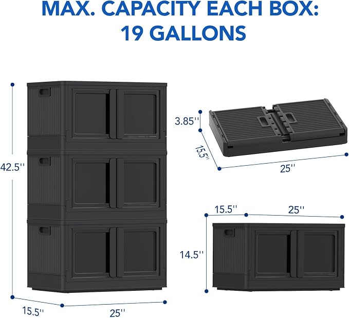 FLEXIMOUNTS 228 QT Stackable Storage Bins With Lids, Collapsible Plastic Storage Bins With Doors and Built-in Wheels For Home Dorm Closet Organizers and Storage, 3 Pack Cubes, Black - Image 8