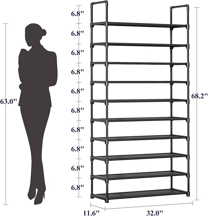 Kitsure Shoe Rack - 10-Tier Shoe Organizer with Detachable Fabric Shelves & Metal Frame, Tall Shoe Rack for Closet, Entrance, Living Room, 32.0" Wide - 10 Tier, Black - Image 2
