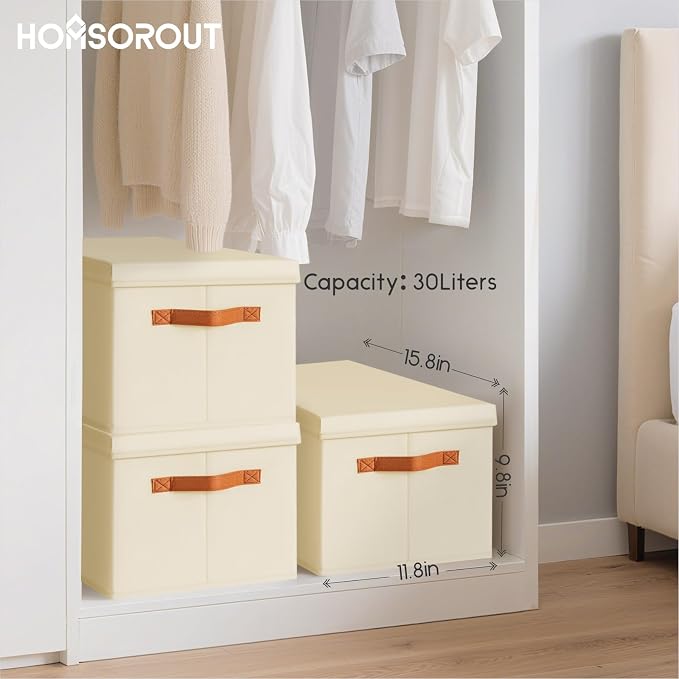 Homsorout Storage Bins with Lids - Large Fabric Closet Bins with Lid, 6 Pack Clothes Organizers and Storage, Collapsible Stackable Cube Basket for Home, Office, Dorm, Beige - Image 7