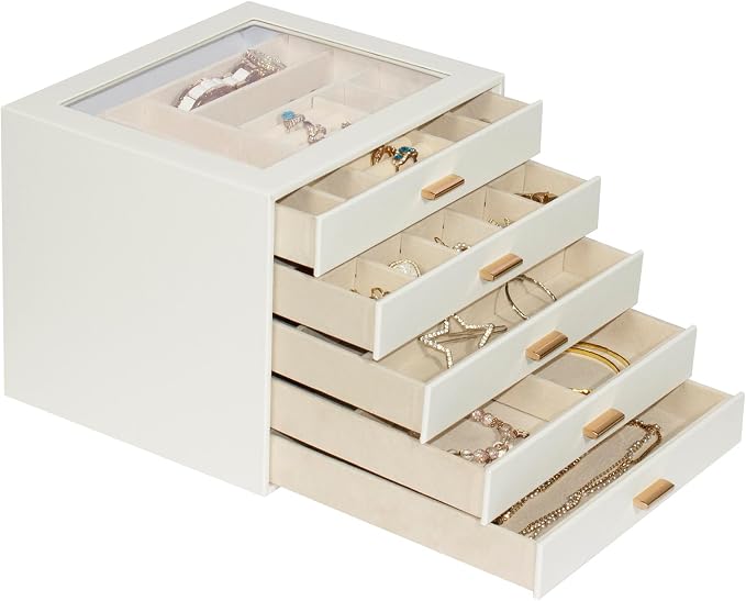 Jewelry Box with Glass Lid, 5-Layer Jewelry Organizer for Women Girls, PU Leather Display Case with 20-Grid Earring Tray & Movable Dividers for Necklaces Rings - Cloud White - Image 8